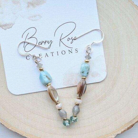 Sterling Silver Larimar Blue, Shell and Labradoritr Stone Drop Earrings - Picture 4 of 6